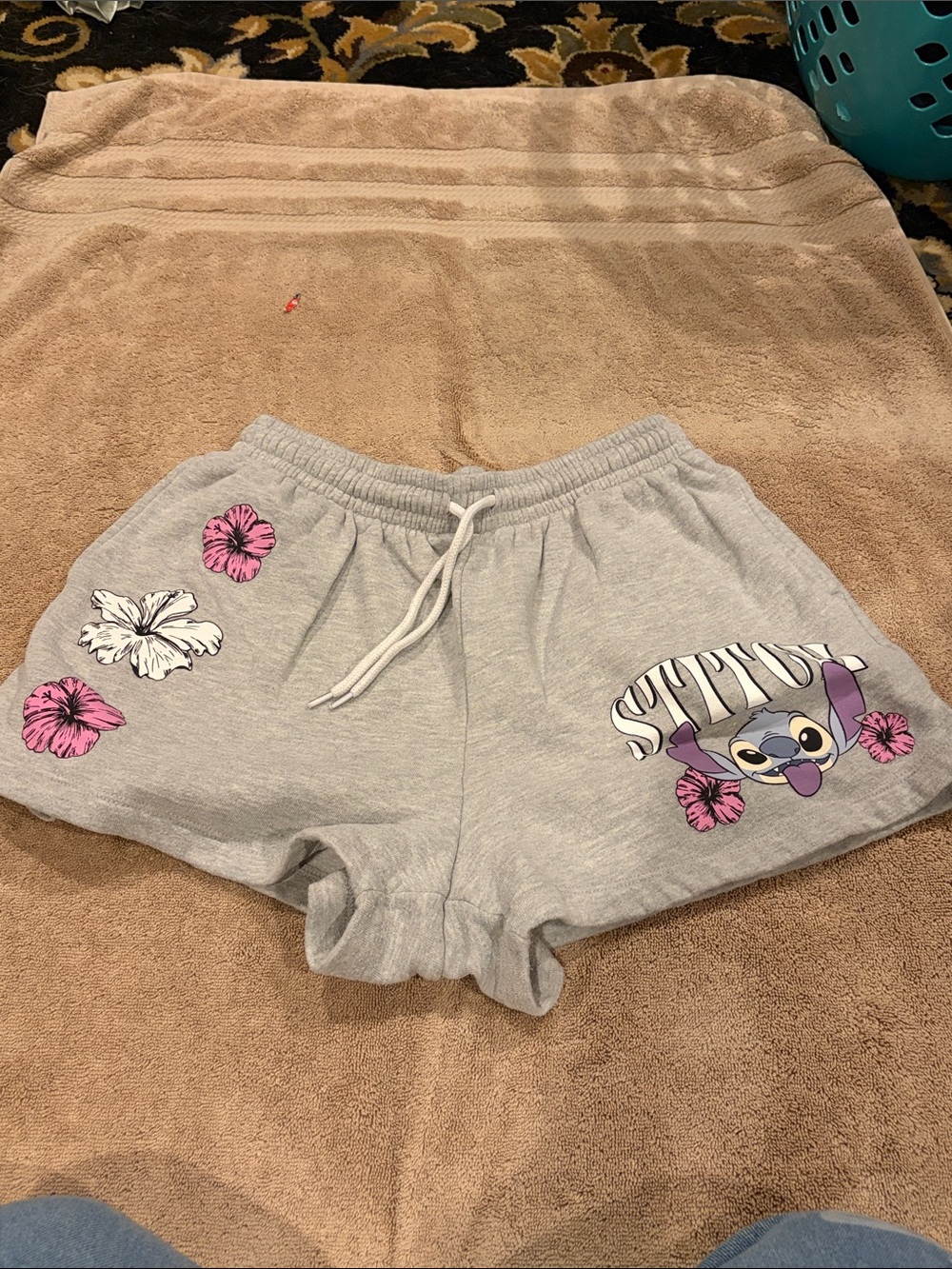 Disney Gray Athletic Shorts with Pink Floral Stitch Graphic